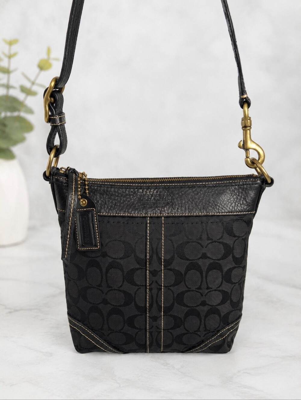 Coach Vintage Bleecker Signature Duffle Crossbody Bag Blk Jacquard Leather Trim